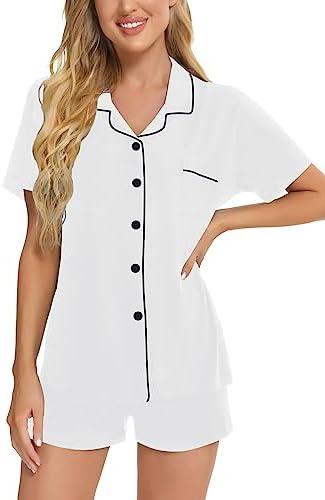 imageSWOMOG Womens Button Down Pajamas Set Short Sleeve Sleepwear Bride Soft Pj Lounge Sets XS3XLWhite Blacktrim