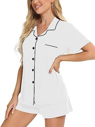 imageSWOMOG Womens Button Down Pajamas Set Short Sleeve Sleepwear Bride Soft Pj Lounge Sets XS3XLWhite Blacktrim