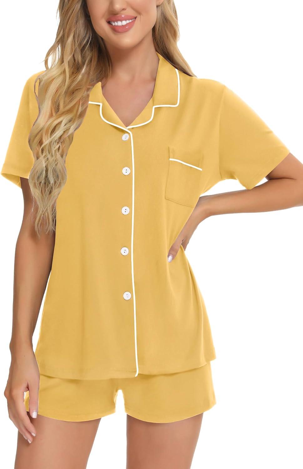 imageSWOMOG Womens Button Down Pajamas Set Short Sleeve Sleepwear Bride Soft Pj Lounge Sets XS3XLYellow