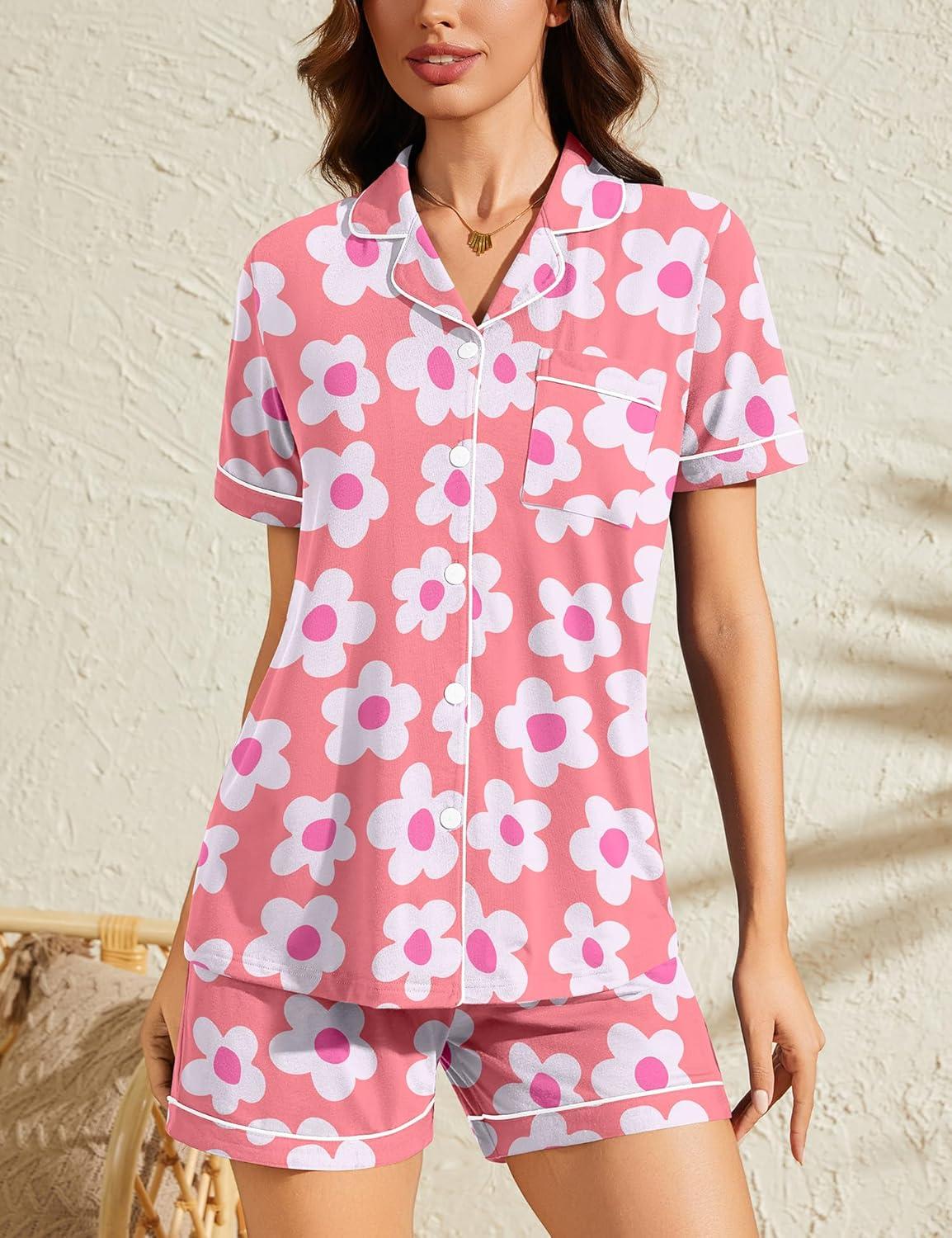 imageSWOMOG Womens Button Down Pajamas Set Short Sleeve Sleepwear Bride Soft Pj Lounge Sets XS3XLZpeach Flower