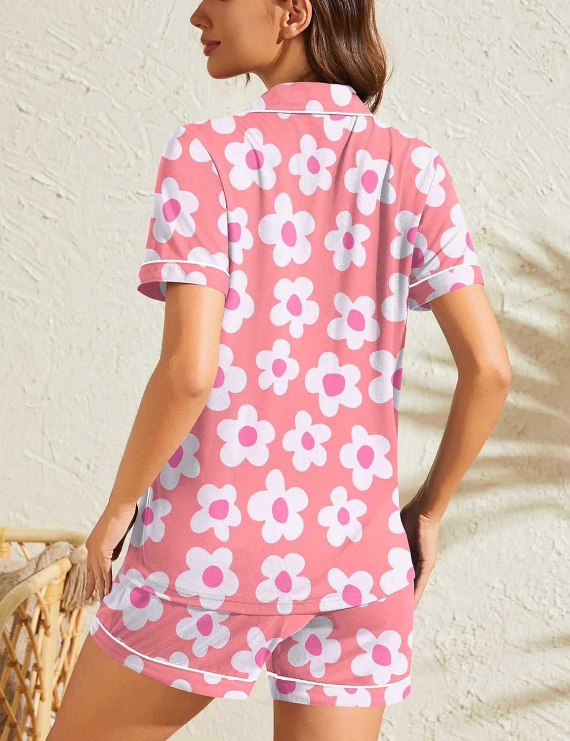 imageSWOMOG Womens Button Down Pajamas Set Short Sleeve Sleepwear Bride Soft Pj Lounge Sets XS3XLZpeach Flower