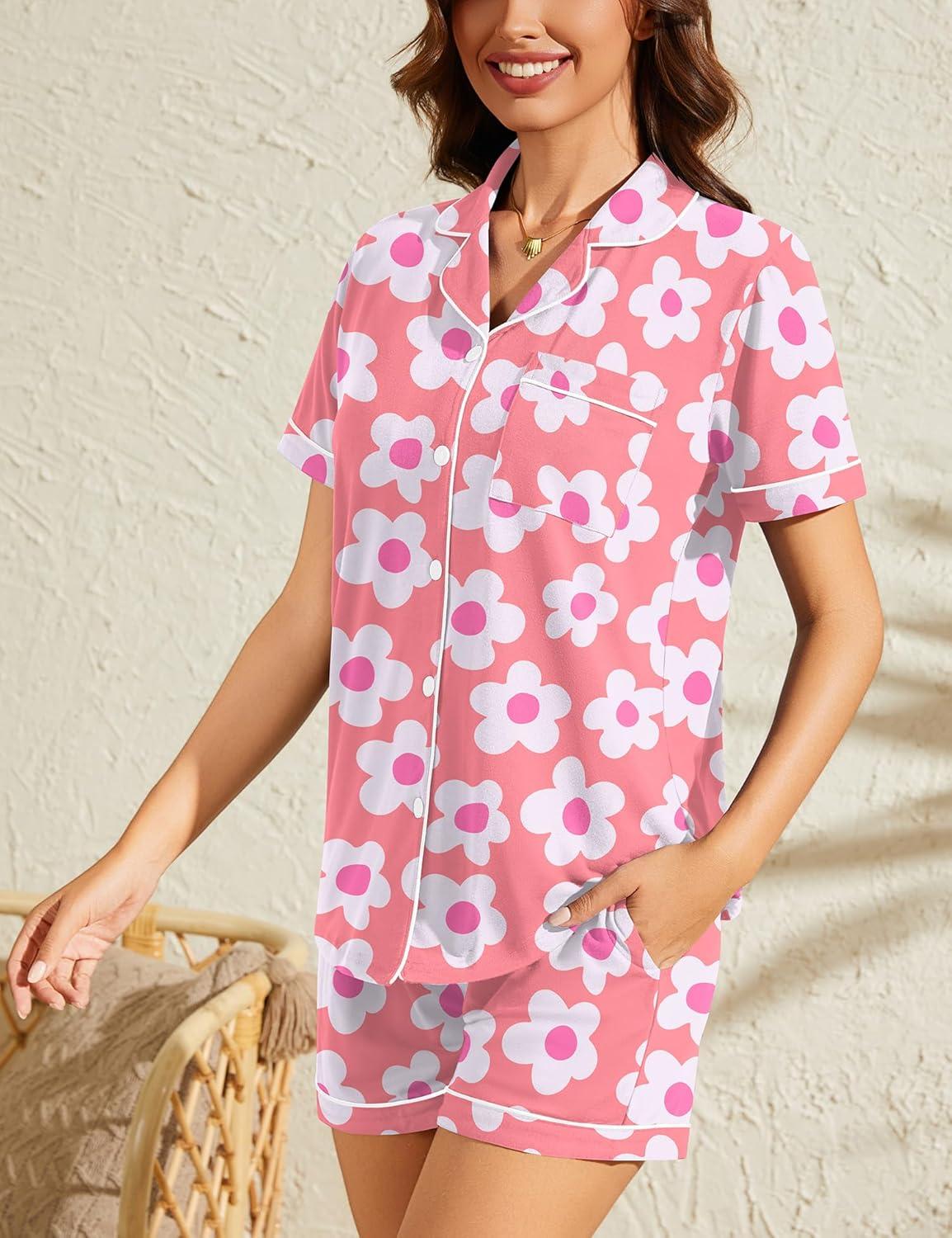 imageSWOMOG Womens Button Down Pajamas Set Short Sleeve Sleepwear Bride Soft Pj Lounge Sets XS3XLZpeach Flower