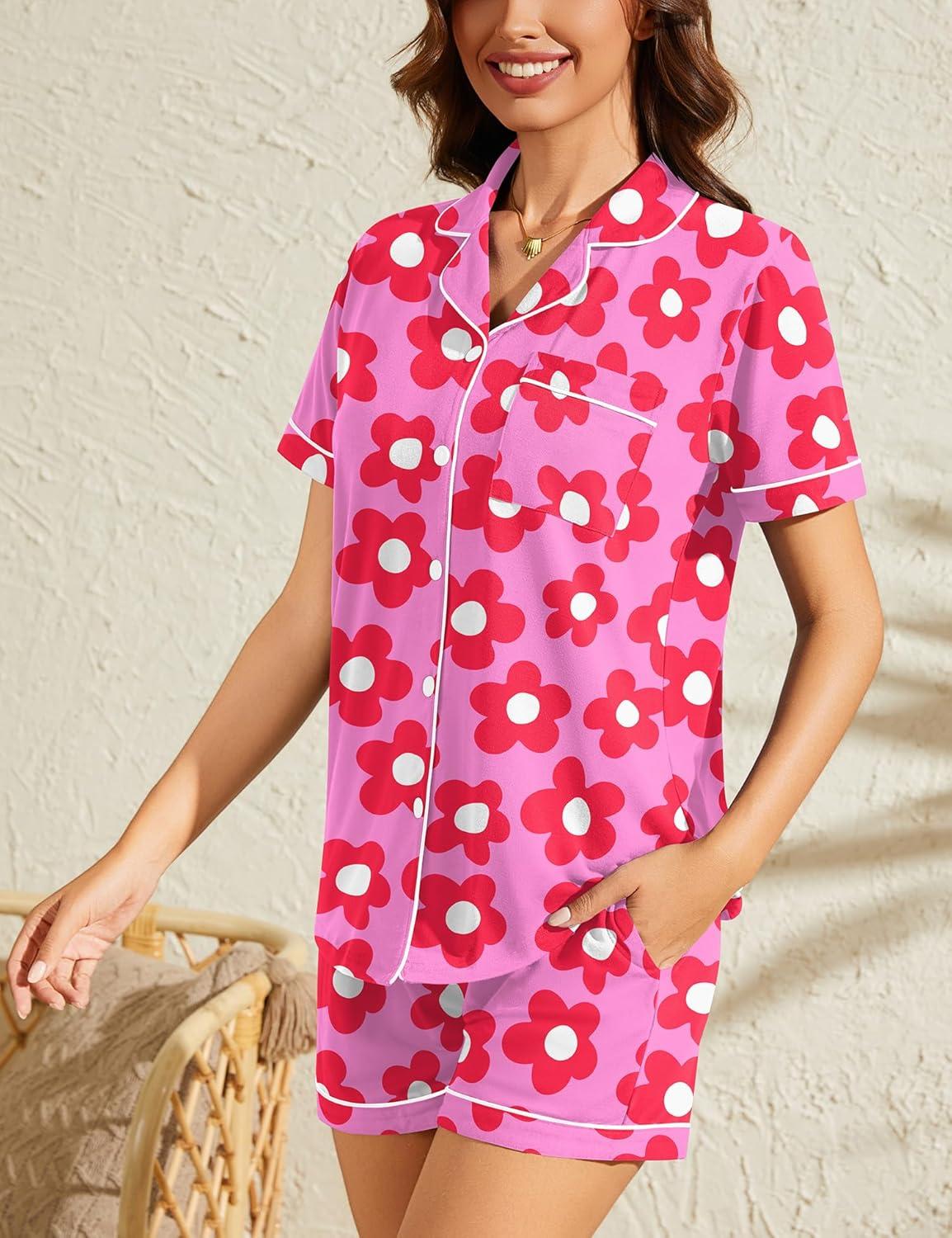 imageSWOMOG Womens Button Down Pajamas Set Short Sleeve Sleepwear Bride Soft Pj Lounge Sets XS3XLZrose Flower