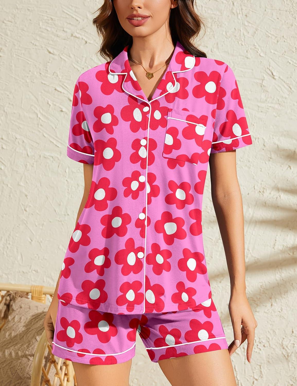 imageSWOMOG Womens Button Down Pajamas Set Short Sleeve Sleepwear Bride Soft Pj Lounge Sets XS3XLZrose Flower