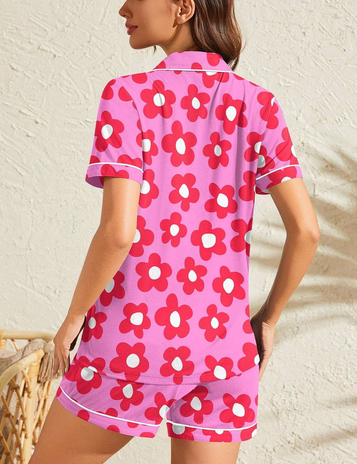 imageSWOMOG Womens Button Down Pajamas Set Short Sleeve Sleepwear Bride Soft Pj Lounge Sets XS3XLZrose Flower