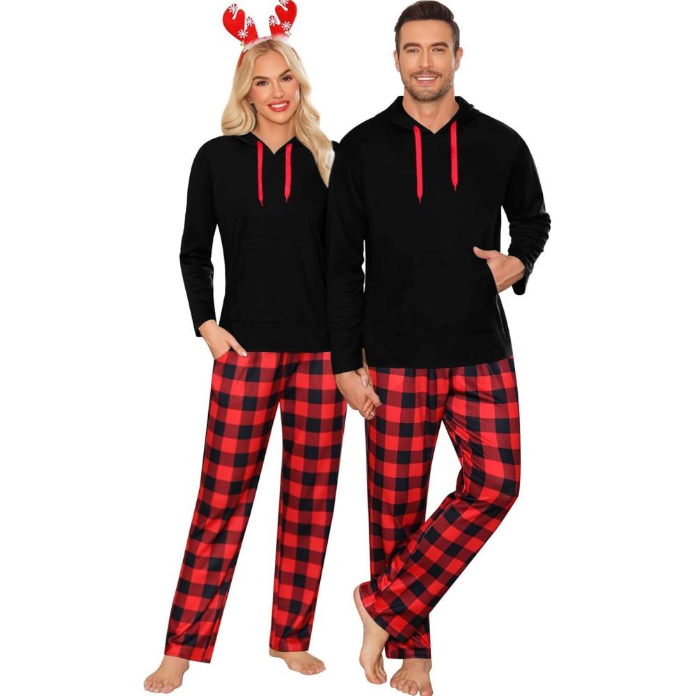 imageSWOMOG Couples Christmas Matching Pajamas Set Women amp Men Long Sleeve Sleepwear Hooded Top Plaid Pants Pjs with PocketsBlack Red Plaid