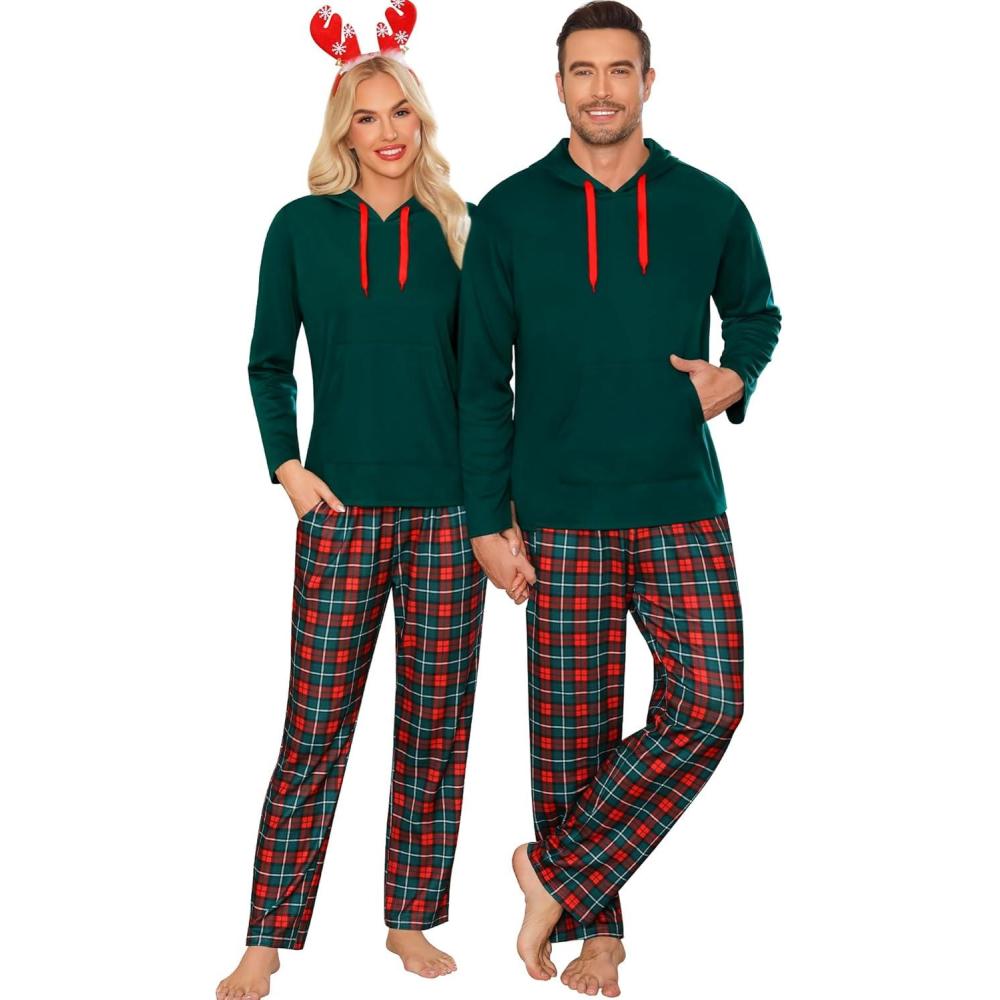 imageSWOMOG Couples Christmas Matching Pajamas Set Women amp Men Long Sleeve Sleepwear Hooded Top Plaid Pants Pjs with PocketsEmerald Green