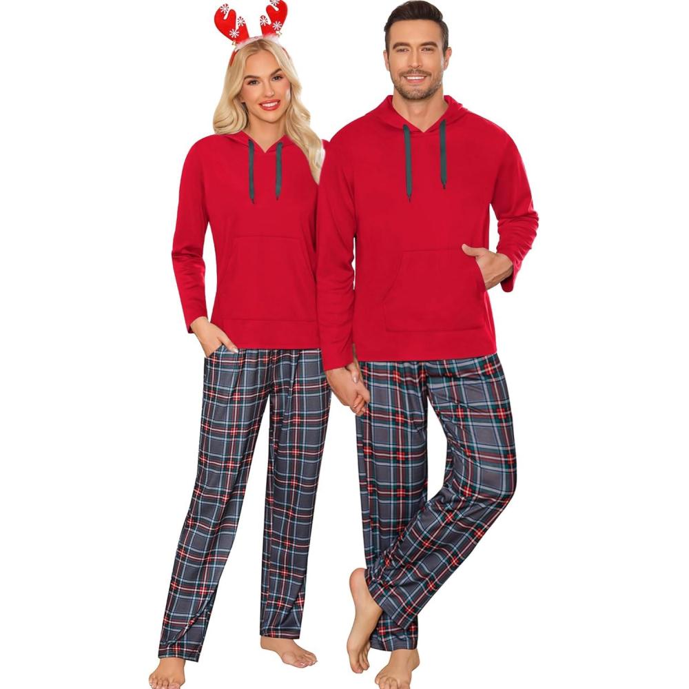 imageSWOMOG Couples Christmas Matching Pajamas Set Women amp Men Long Sleeve Sleepwear Hooded Top Plaid Pants Pjs with PocketsRed