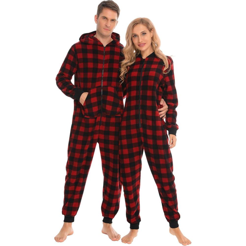 imageSWOMOG Couples One Piece Pajamas Sets Christmas Men amp Women Fleece Winter Loungewear ZipUp Jumpsuit with Pockets PjsRed Grid