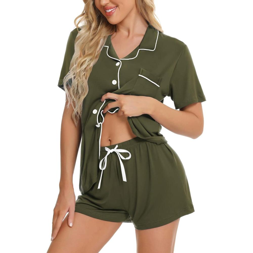 imageSWOMOG Womens Button Down Pajamas Set Short Sleeve Sleepwear Bride Soft Pj Lounge Sets XS3XLArmy Green