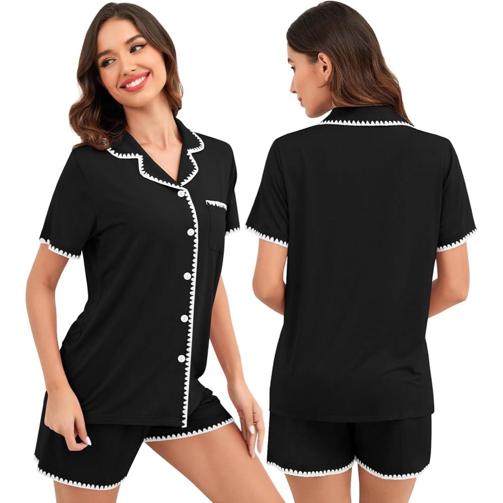 imageSWOMOG Womens Button Down Pajamas Set Short Sleeve Sleepwear Bride Soft Pj Lounge Sets XS3XLBlack With Wavy Trim