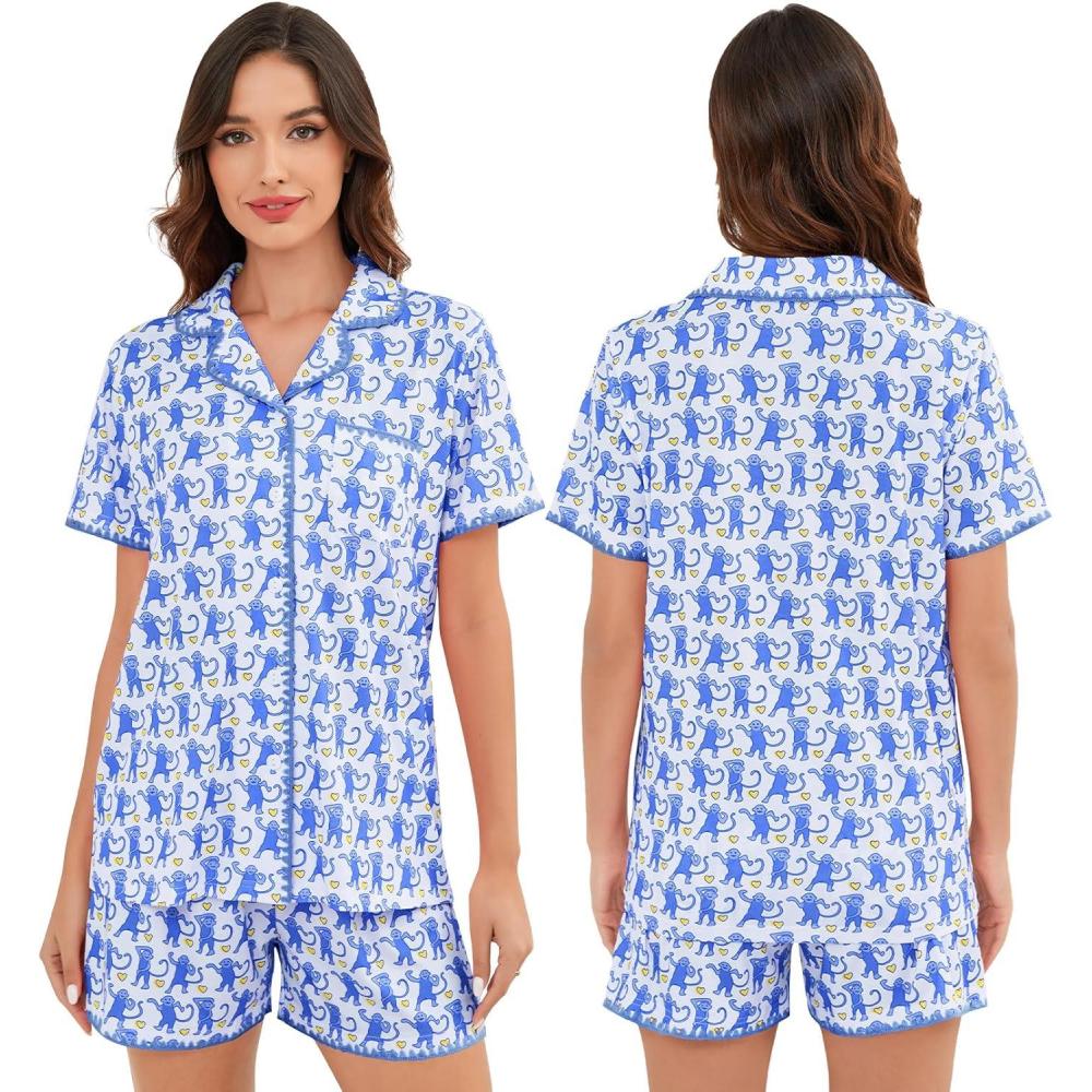 imageSWOMOG Womens Button Down Pajamas Set Short Sleeve Sleepwear Bride Soft Pj Lounge Sets XS3XLBlue Monkey With Wavy Trim