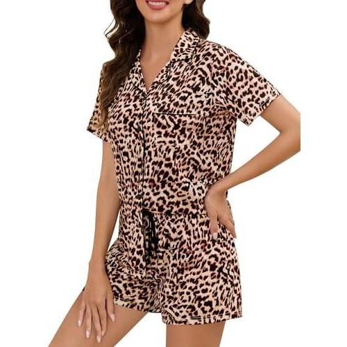 imageSWOMOG Womens Button Down Pajamas Set Short Sleeve Sleepwear Bride Soft Pj Lounge Sets XS3XLBrown Leopard