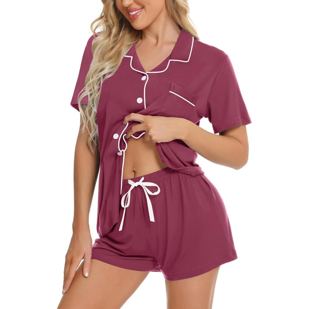 imageSWOMOG Womens Button Down Pajamas Set Short Sleeve Sleepwear Bride Soft Pj Lounge Sets XS3XLBurgundy