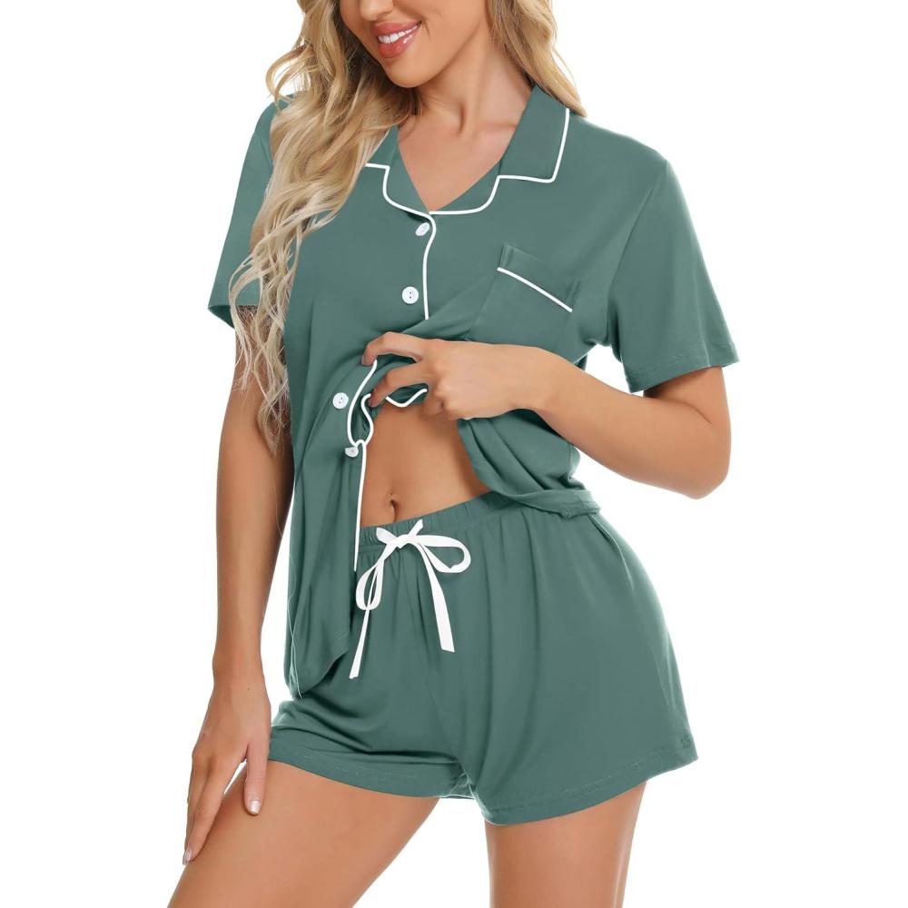 imageSWOMOG Womens Button Down Pajamas Set Short Sleeve Sleepwear Bride Soft Pj Lounge Sets XS3XLDark Green