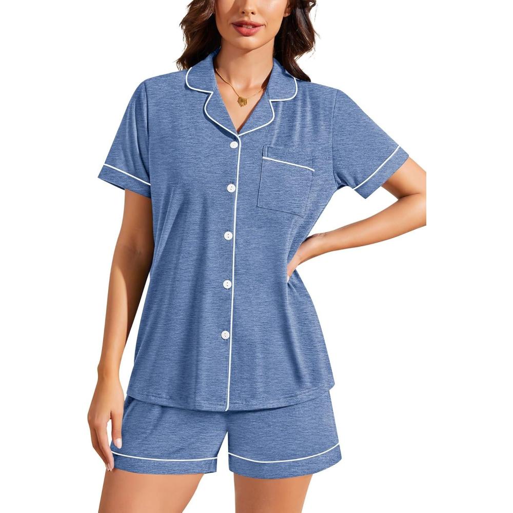 imageSWOMOG Womens Button Down Pajamas Set Short Sleeve Sleepwear Bride Soft Pj Lounge Sets XS3XLHeathered Blue