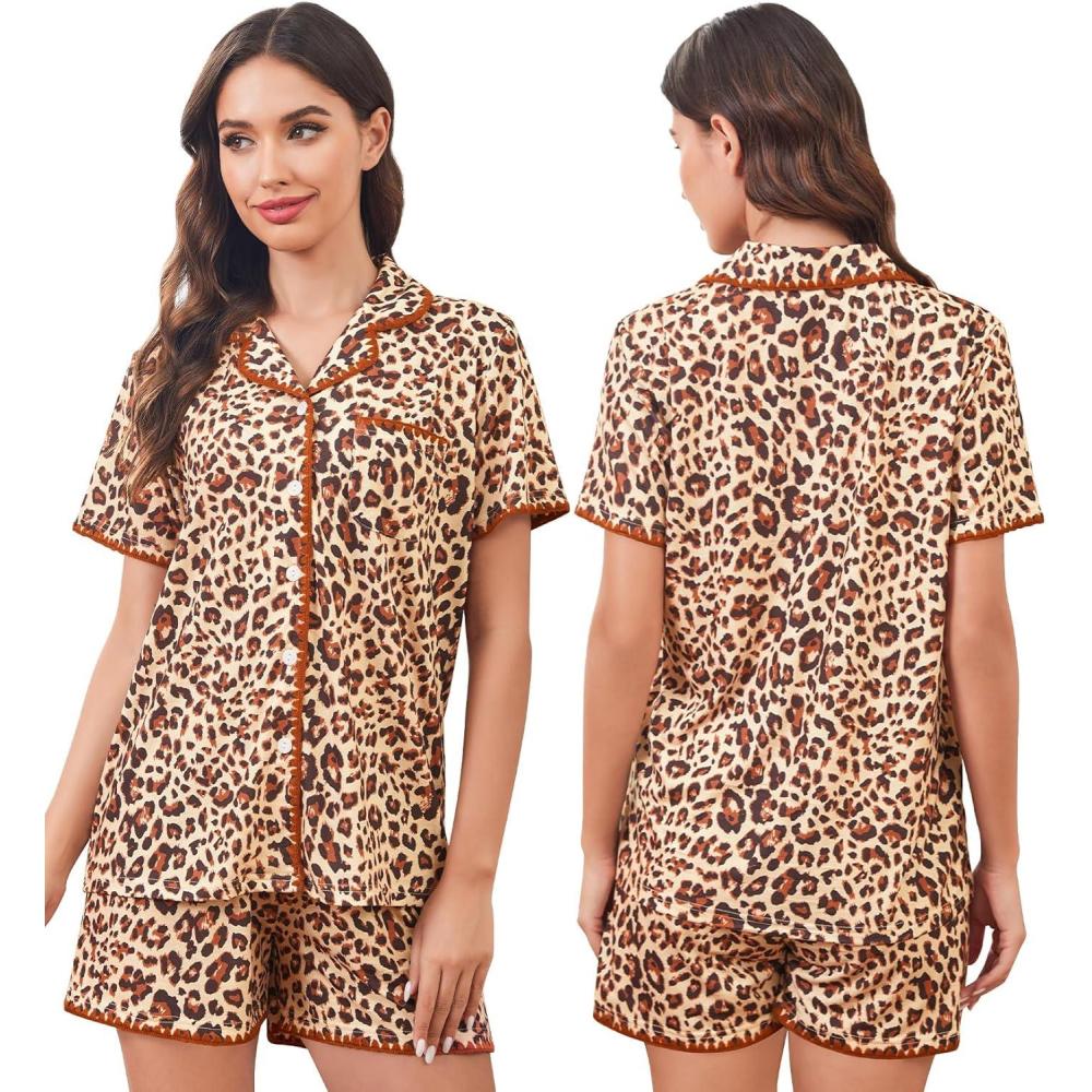 imageSWOMOG Womens Button Down Pajamas Set Short Sleeve Sleepwear Bride Soft Pj Lounge Sets XS3XLLeopard With Wavy Trim