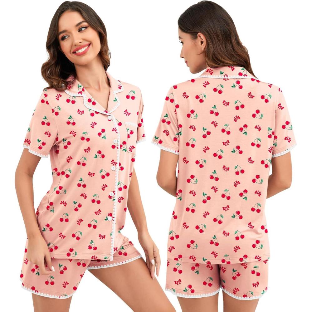imageSWOMOG Womens Button Down Pajamas Set Short Sleeve Sleepwear Bride Soft Pj Lounge Sets XS3XLPink Cherry With Wavy Trim