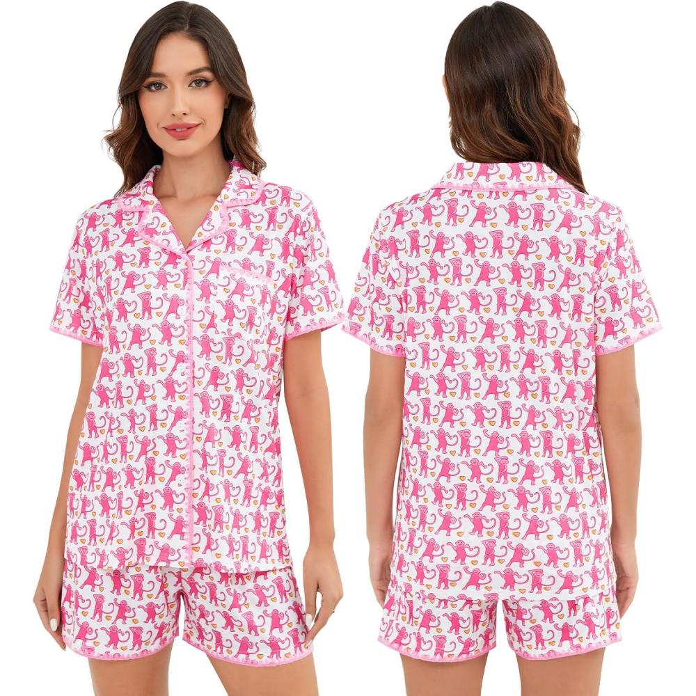 imageSWOMOG Womens Button Down Pajamas Set Short Sleeve Sleepwear Bride Soft Pj Lounge Sets XS3XLPink Monkey With Wavy Trim