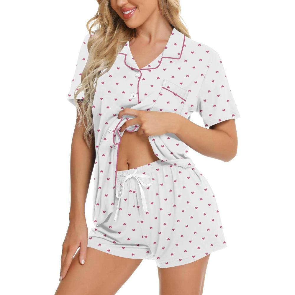 imageSWOMOG Womens Button Down Pajamas Set Short Sleeve Sleepwear Bride Soft Pj Lounge Sets XS3XLPink Polka Dot Hearts