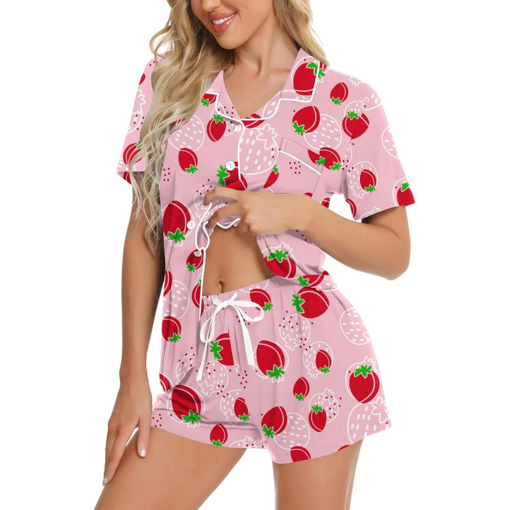 imageSWOMOG Womens Button Down Pajamas Set Short Sleeve Sleepwear Bride Soft Pj Lounge Sets XS3XLPink Strawberry