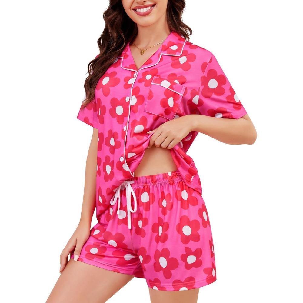 imageSWOMOG Womens Button Down Pajamas Set Short Sleeve Sleepwear Bride Soft Pj Lounge Sets XS3XLRose Floral