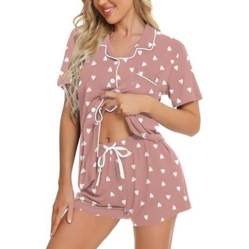 imageSWOMOG Womens Button Down Pajamas Set Short Sleeve Sleepwear Bride Soft Pj Lounge Sets XS3XLTaro Purple Heart