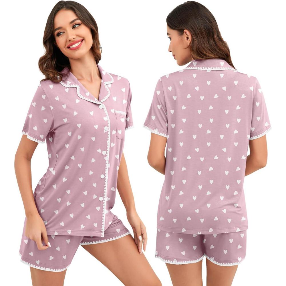 imageSWOMOG Womens Button Down Pajamas Set Short Sleeve Sleepwear Bride Soft Pj Lounge Sets XS3XLTaro Purple Heart With Wavy Trim
