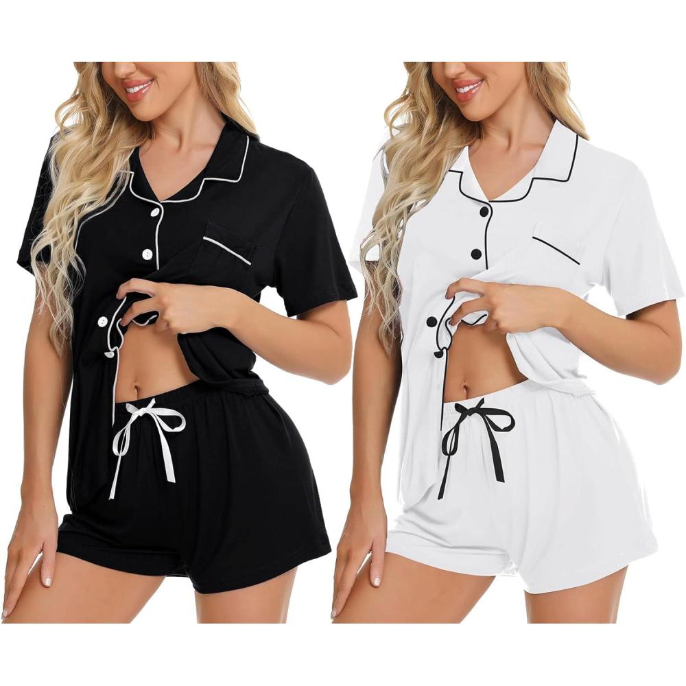 imageSWOMOG Womens Button Down Pajamas Set Short Sleeve Sleepwear Bride Soft Pj Lounge Sets XS3XLWhite Black2 Pack
