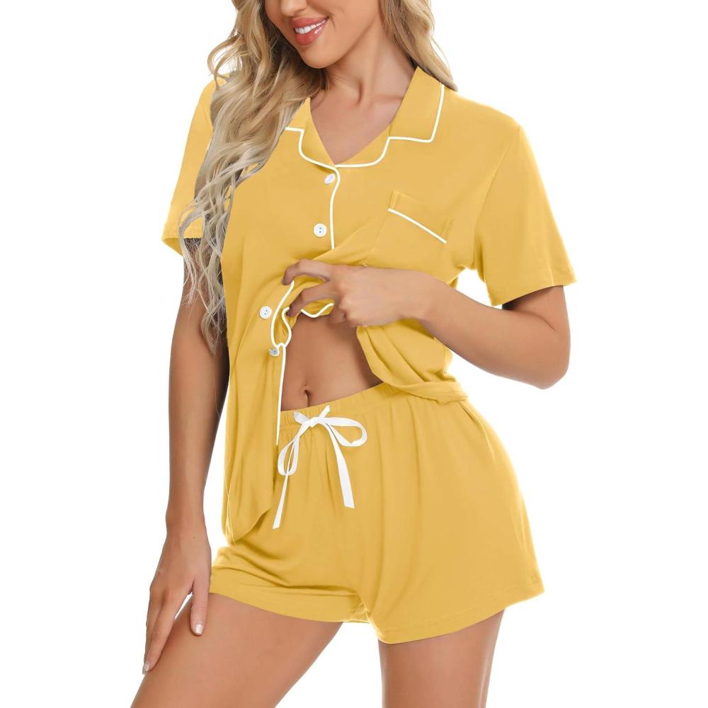 imageSWOMOG Womens Button Down Pajamas Set Short Sleeve Sleepwear Bride Soft Pj Lounge Sets XS3XLYellow