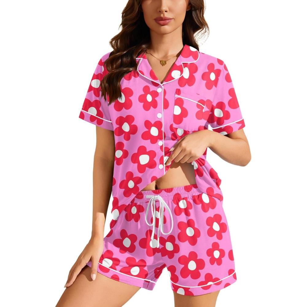 imageSWOMOG Womens Button Down Pajamas Set Short Sleeve Sleepwear Bride Soft Pj Lounge Sets XS3XLZrose Flower