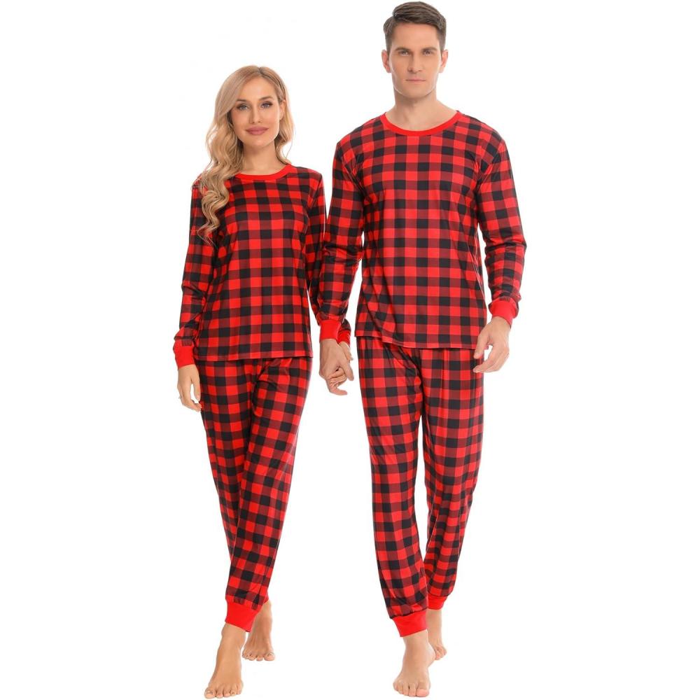imageSWOMOG Womens Matching Family Pajama Sets Christmas Couple Long Sleeve PJs Holiday 2 PCS Sleepwear Set Household Long Pants