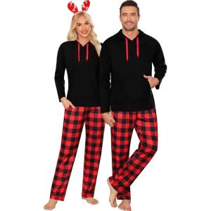 SWOMOG Couples Christmas Matching Pajamas Set Women & Men Long Sleeve Sleepwear Hooded Top Plaid Pants Pjs with Pockets(Black & Red Plaid)