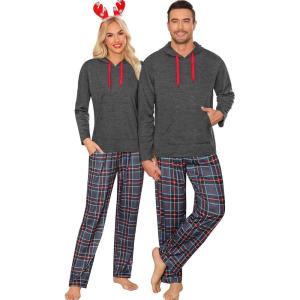 SWOMOG Couples Christmas Matching Pajamas Set Women & Men Long Sleeve Sleepwear Hooded Top Plaid Pants Pjs with Pockets(Deep Grey)