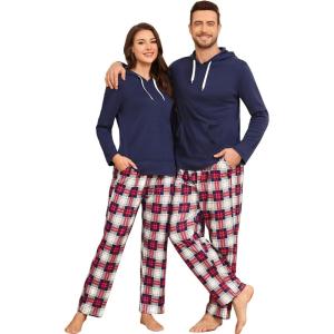 SWOMOG Couples Christmas Matching Pajamas Set Women & Men Long Sleeve Sleepwear Hooded Top Plaid Pants Pjs with Pockets(Navy Blue)