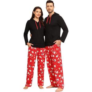 SWOMOG Couples Christmas Matching Pajamas Set Women & Men Long Sleeve Sleepwear Hooded Top Plaid Pants Pjs with Pockets(Santa Snowman)