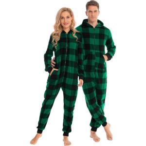 SWOMOG Couples One Piece Pajamas Sets Christmas Men & Women Fleece Winter Loungewear Zip-Up Jumpsuit with Pockets Pjs(Big Plaid Black and Green)