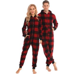 SWOMOG Couples One Piece Pajamas Sets Christmas Men & Women Fleece Winter Loungewear Zip-Up Jumpsuit with Pockets Pjs(Black and Red Plaid)