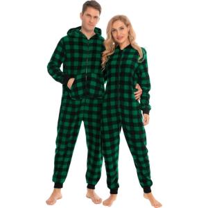 SWOMOG Couples One Piece Pajamas Sets Christmas Men & Women Fleece Winter Loungewear Zip-Up Jumpsuit with Pockets Pjs(Small Plaid Black and Green)