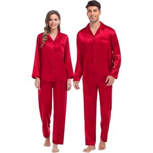 SWOMOG Couples Pajama Sets Men & Women Satin Long Sleeve Sleepwear Silky Classic Button Down Soft Loungewear Pjs Set Women Pure Red XX-Large