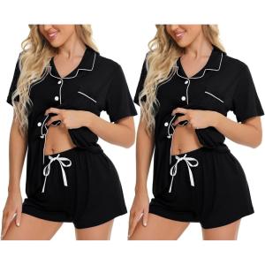 SWOMOG Womens Button Down Pajamas Set Short Sleeve Sleepwear Bride Soft Pj Lounge Sets XS-3XL(Black + Black（2 Pack）)