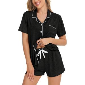 SWOMOG Womens Button Down Pajamas Set Short Sleeve Sleepwear Bride Soft Pj Lounge Sets XS-3XL(Black Grey)
