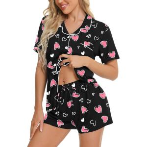 SWOMOG Womens Button Down Pajamas Set Short Sleeve Sleepwear Bride Soft Pj Lounge Sets XS-3XL(Black Pink Heart)