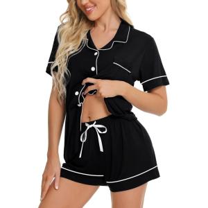 SWOMOG Womens Button Down Pajamas Set Short Sleeve Sleepwear Bride Soft Pj Lounge Sets XS-3XL(Black Piping Trim)
