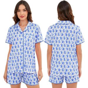 SWOMOG Womens Button Down Pajamas Set Short Sleeve Sleepwear Bride Soft Pj Lounge Sets XS-3XL(Blue Monkey With Wavy Trim)