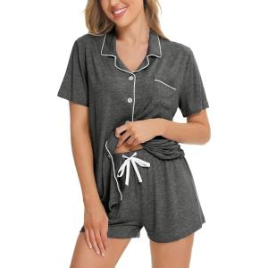 SWOMOG Womens Button Down Pajamas Set Short Sleeve Sleepwear Bride Soft Pj Lounge Sets XS-3XL(Deep Grey)