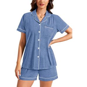 SWOMOG Womens Button Down Pajamas Set Short Sleeve Sleepwear Bride Soft Pj Lounge Sets XS-3XL(Heathered Blue)