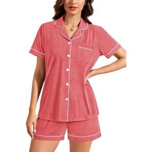 SWOMOG Womens Button Down Pajamas Set Short Sleeve Sleepwear Bride Soft Pj Lounge Sets XS-3XL(Heathered Pink)