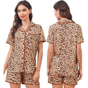 SWOMOG Womens Button Down Pajamas Set Short Sleeve Sleepwear Bride Soft Pj Lounge Sets XS-3XL(Leopard With Wavy Trim)