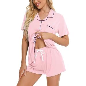 SWOMOG Womens Button Down Pajamas Set Short Sleeve Sleepwear Bride Soft Pj Lounge Sets XS-3XL(Pink)
